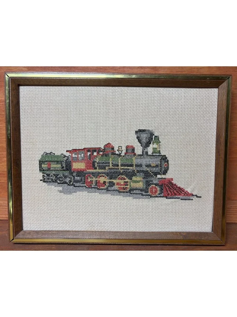 VTG Cross Stitch Train Engine & Coal Tender Matted Framed 13